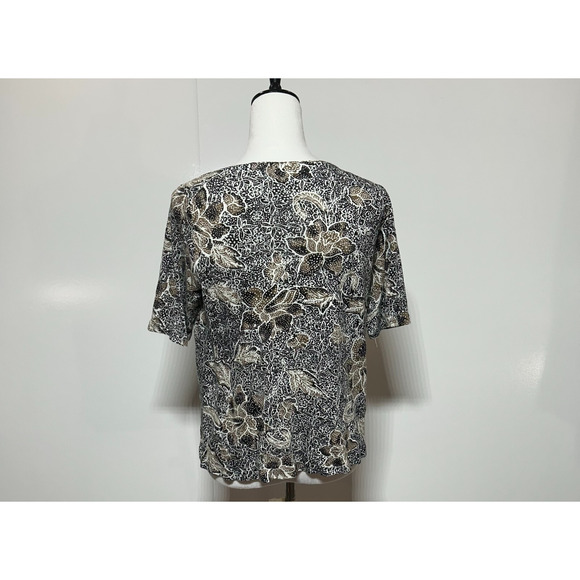 J Jill Top Womens Medium Black Tan Floral 100% Linen Short Sleeve Scoop Neck - Picture 3 of 8
